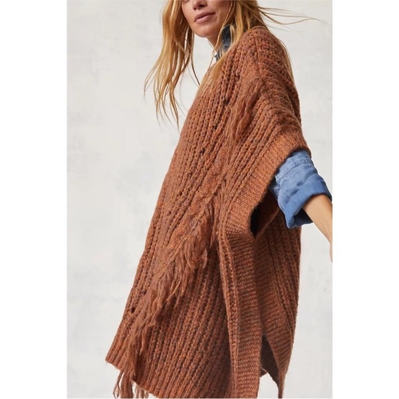Anthropologie Knit Marled Fringe Poncho Bronze - Picture 2 of 13